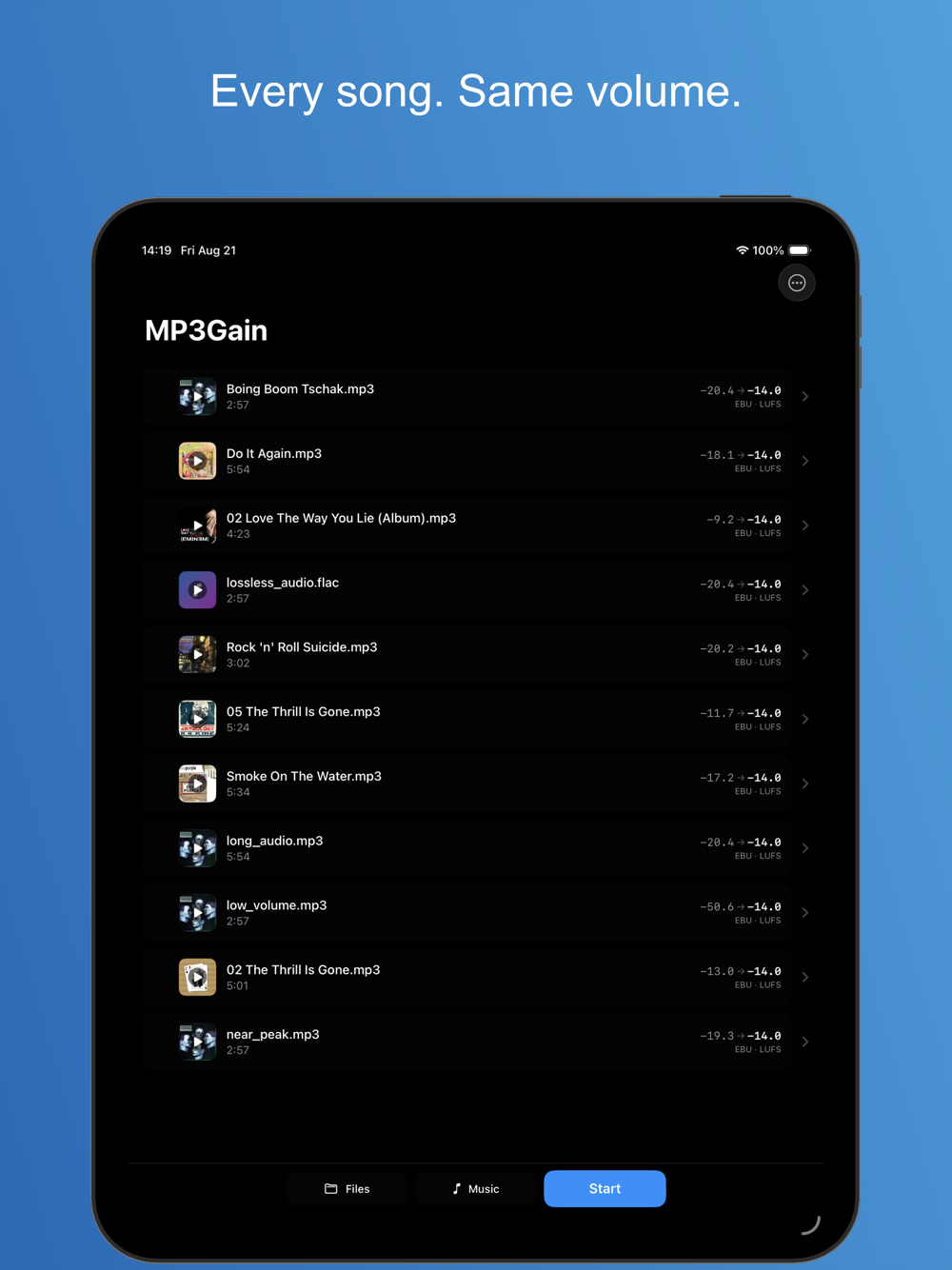 MP3Gain on iPad — file list with loudness targets