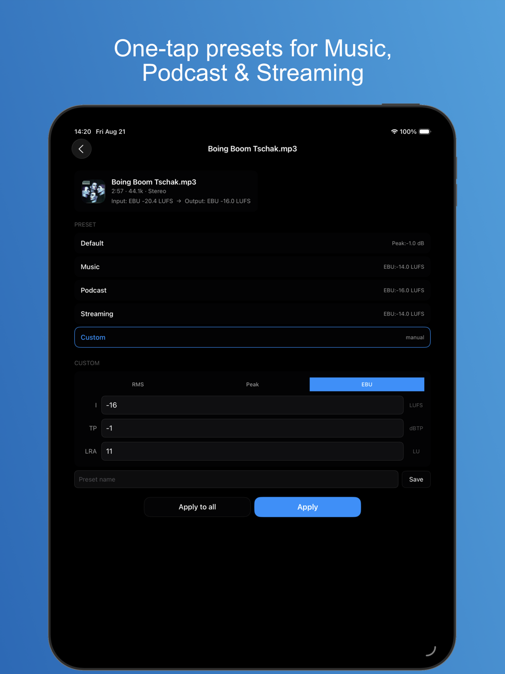 MP3Gain on iPad — choosing a preset for a track
