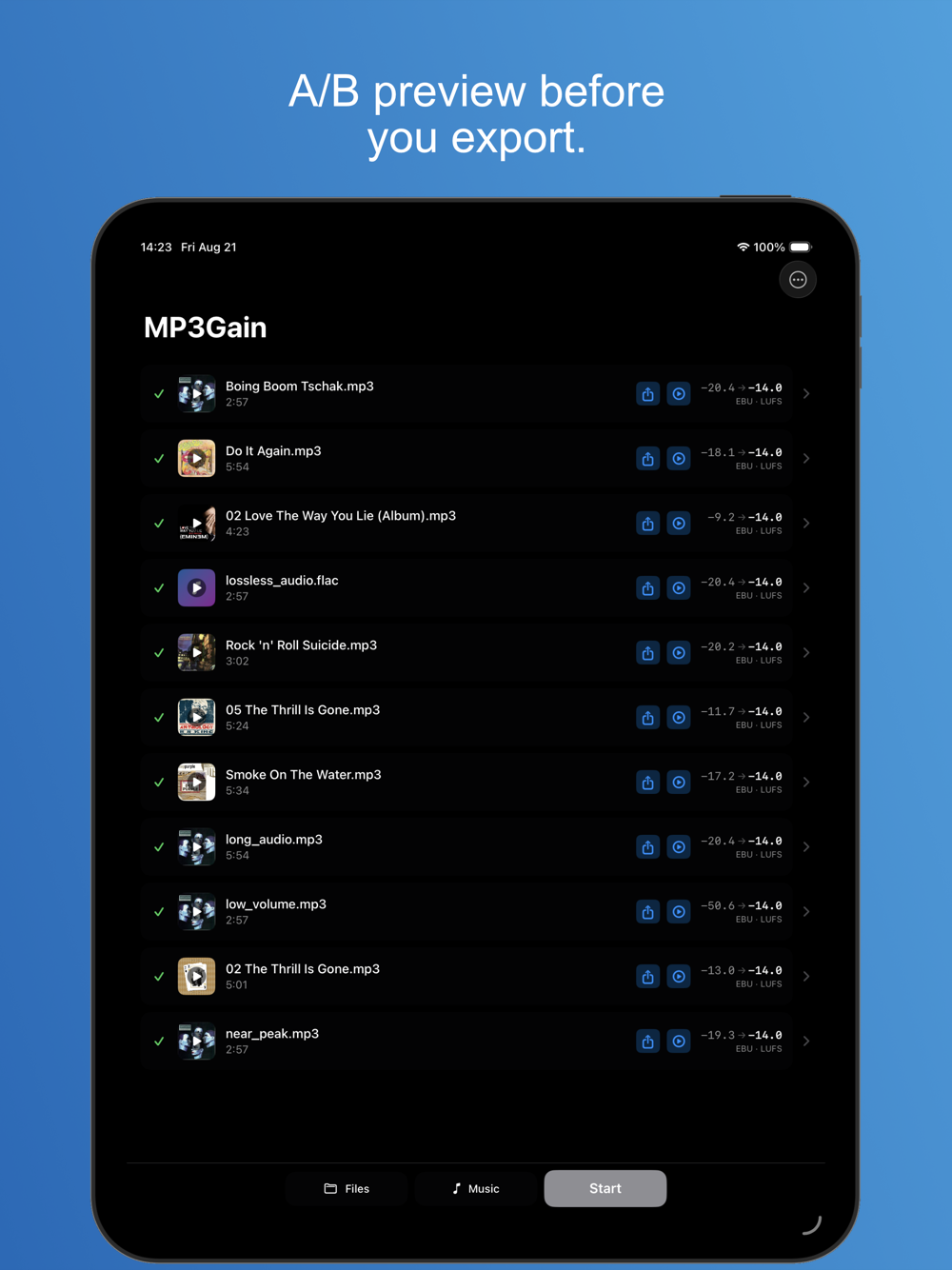 MP3Gain on iPad — A/B preview before exporting