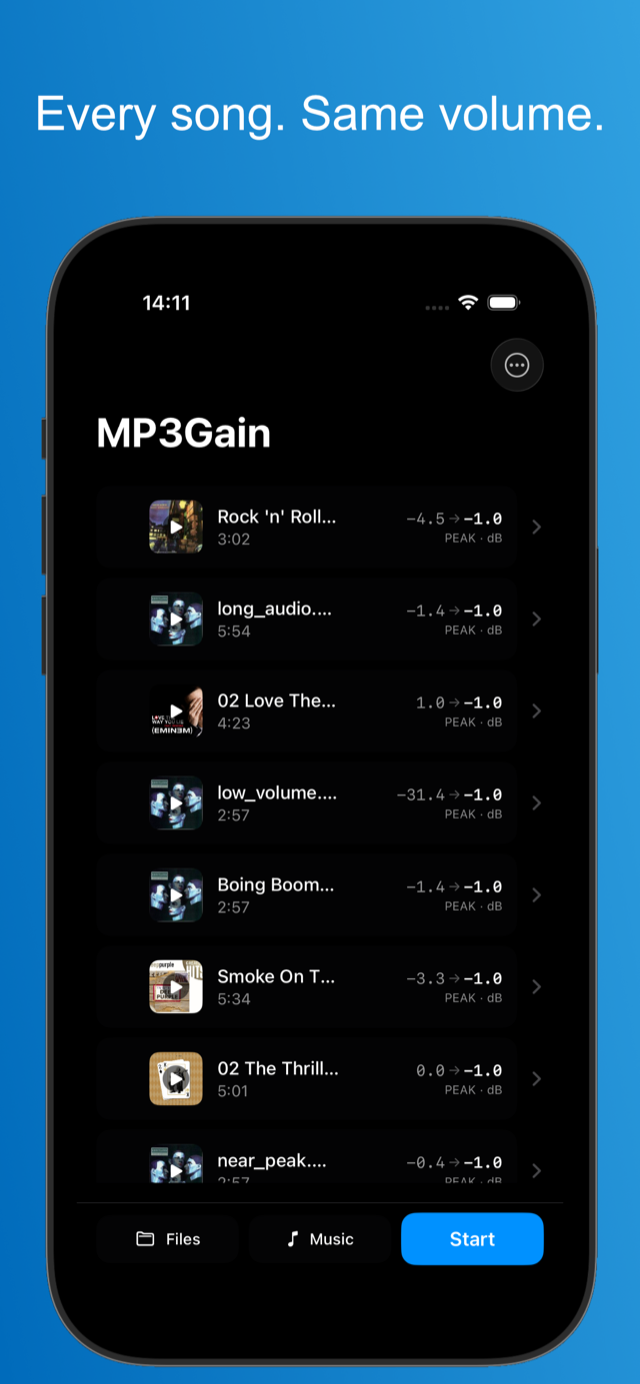 MP3Gain on iPhone — file list with loudness targets