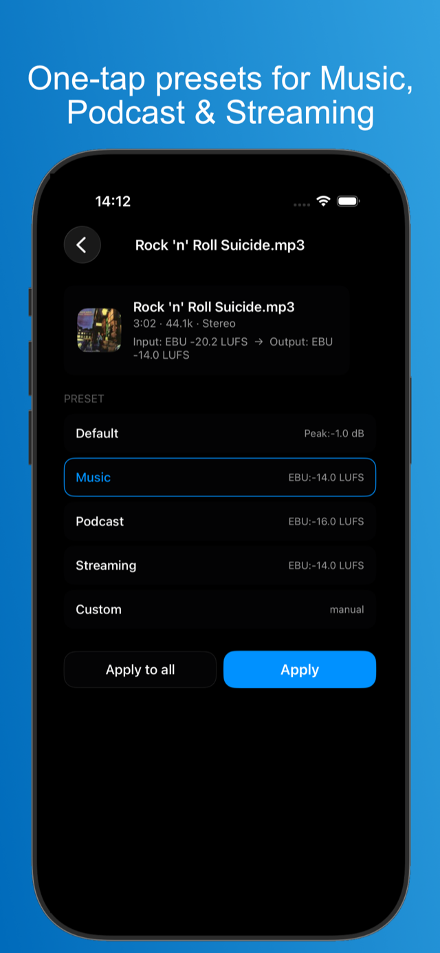 MP3Gain on iPhone — choosing a preset for a track