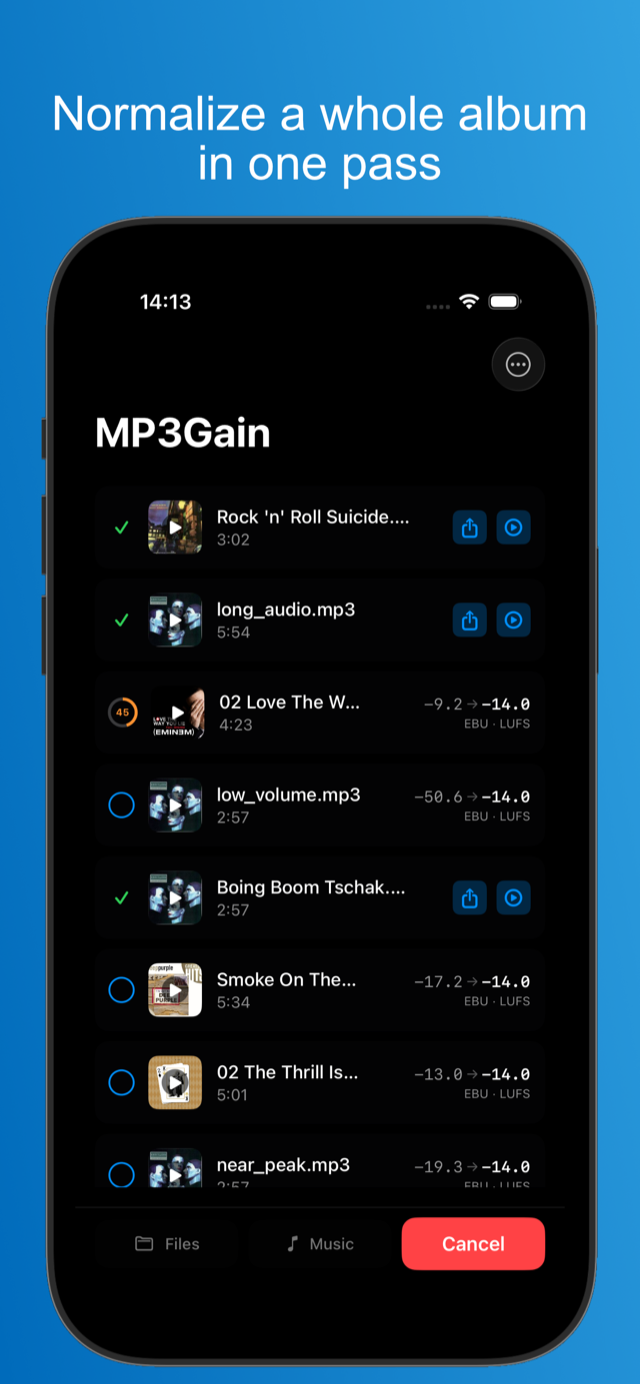 MP3Gain on iPhone — batch progress across a queue