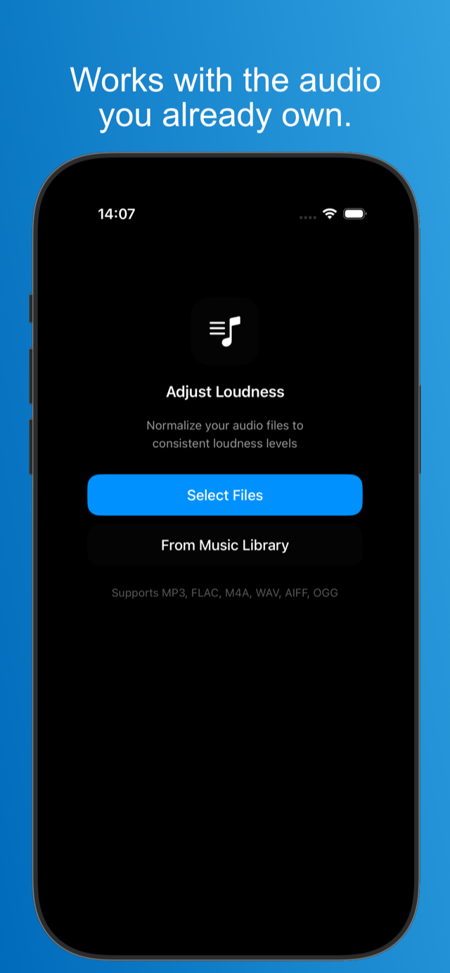 MP3Gain on iPhone — free plan banner and supported formats
