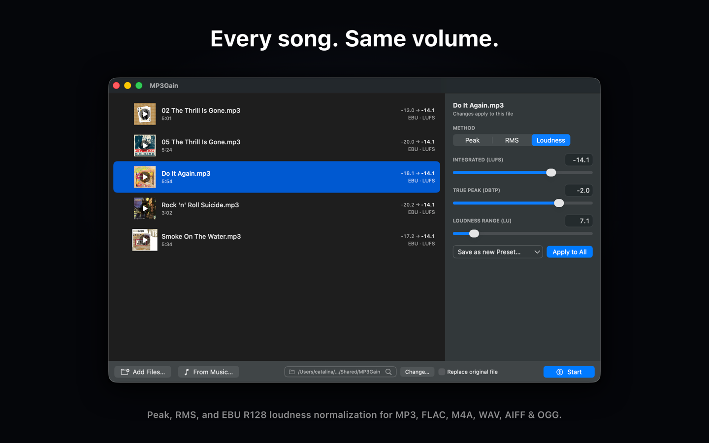 MP3Gain for macOS — main window with an analyzed file list