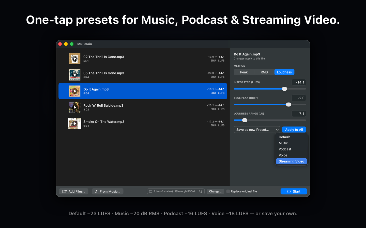 MP3Gain for macOS — preset menu with Music, Podcast, Voice, and Streaming Video presets