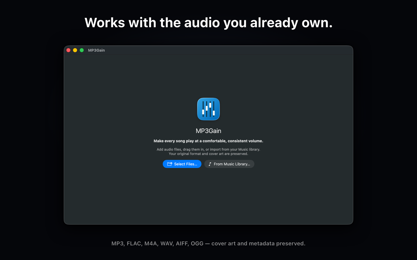 MP3Gain for macOS — empty state showing the supported audio formats