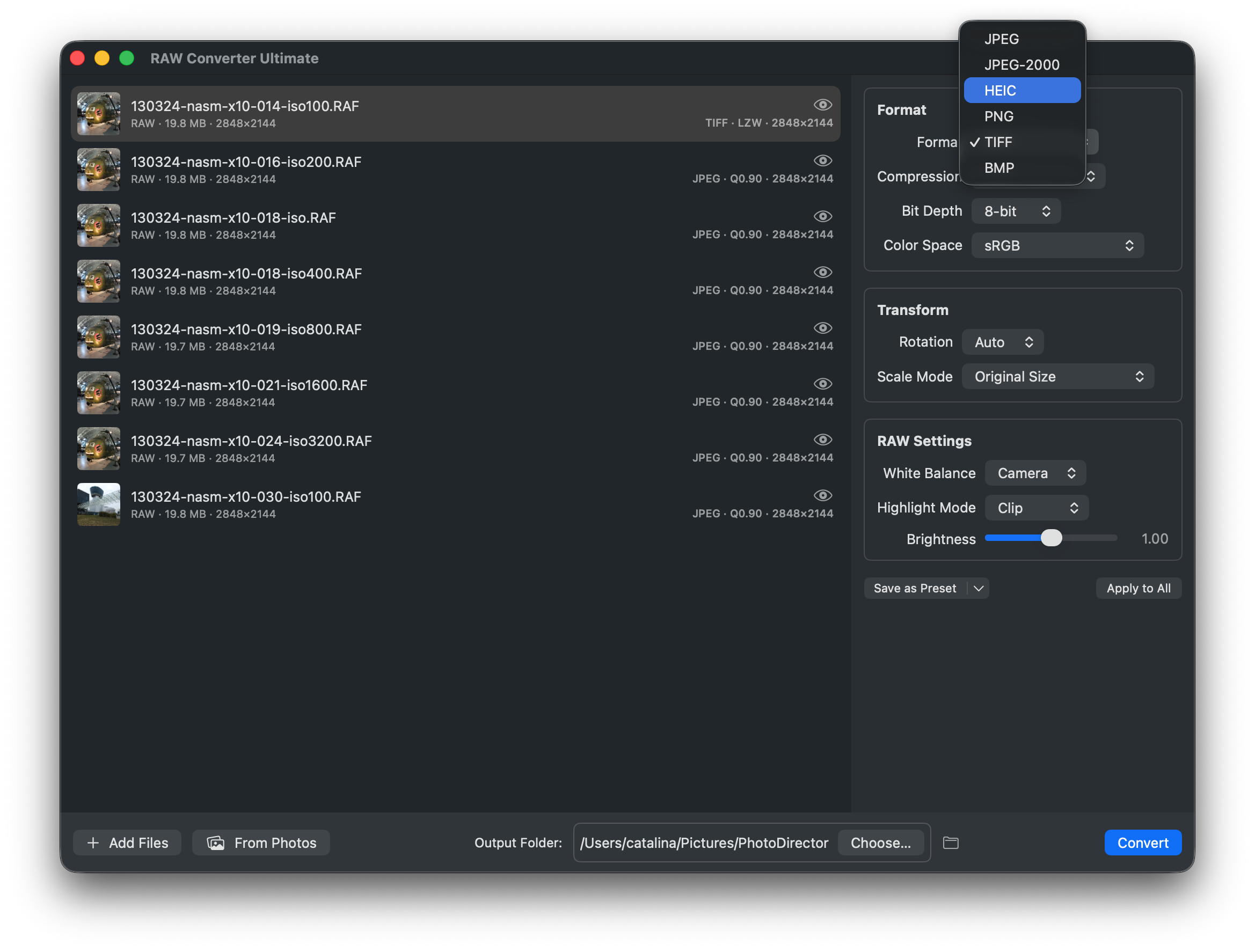 RAW Converter Ultimate output formats