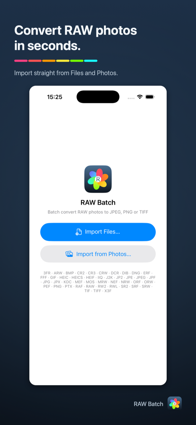 RAW Batch on iPhone — importing RAW files from Files or Photos