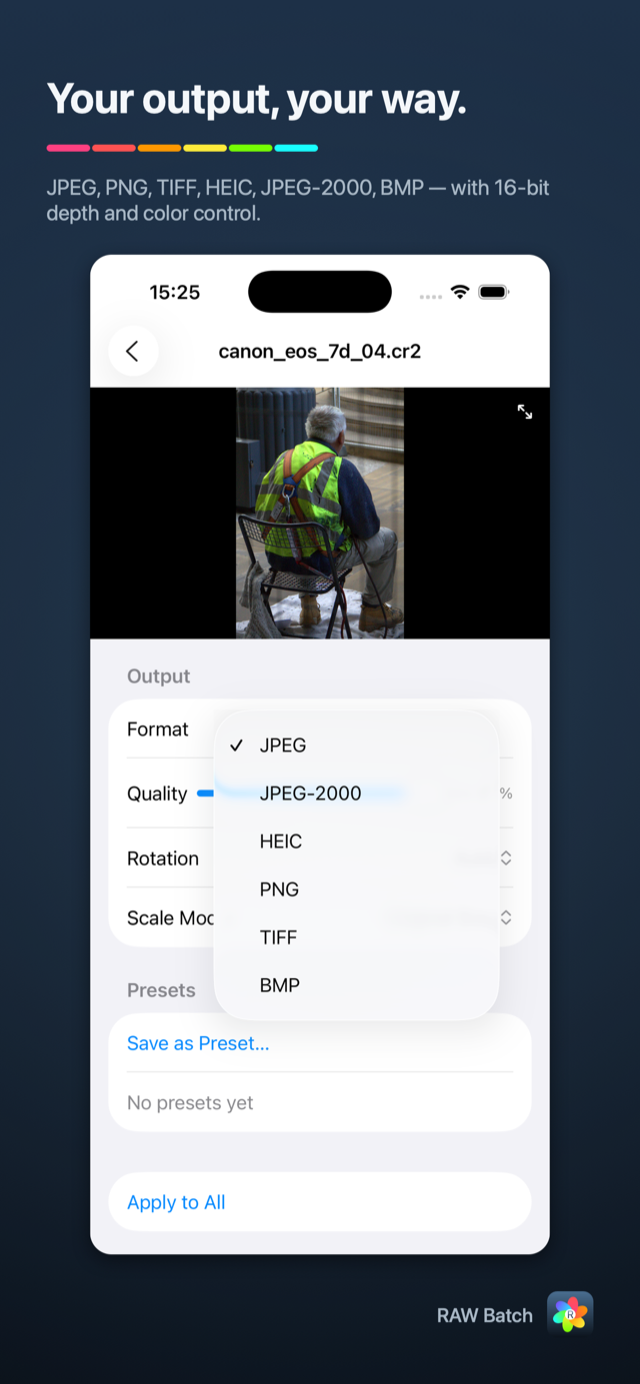 RAW Batch on iPhone — output format and quality settings
