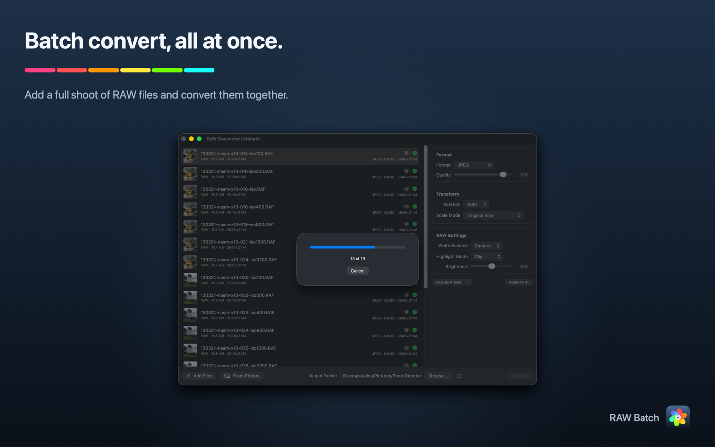 RAW Batch for macOS — converting a batch with per-file progress