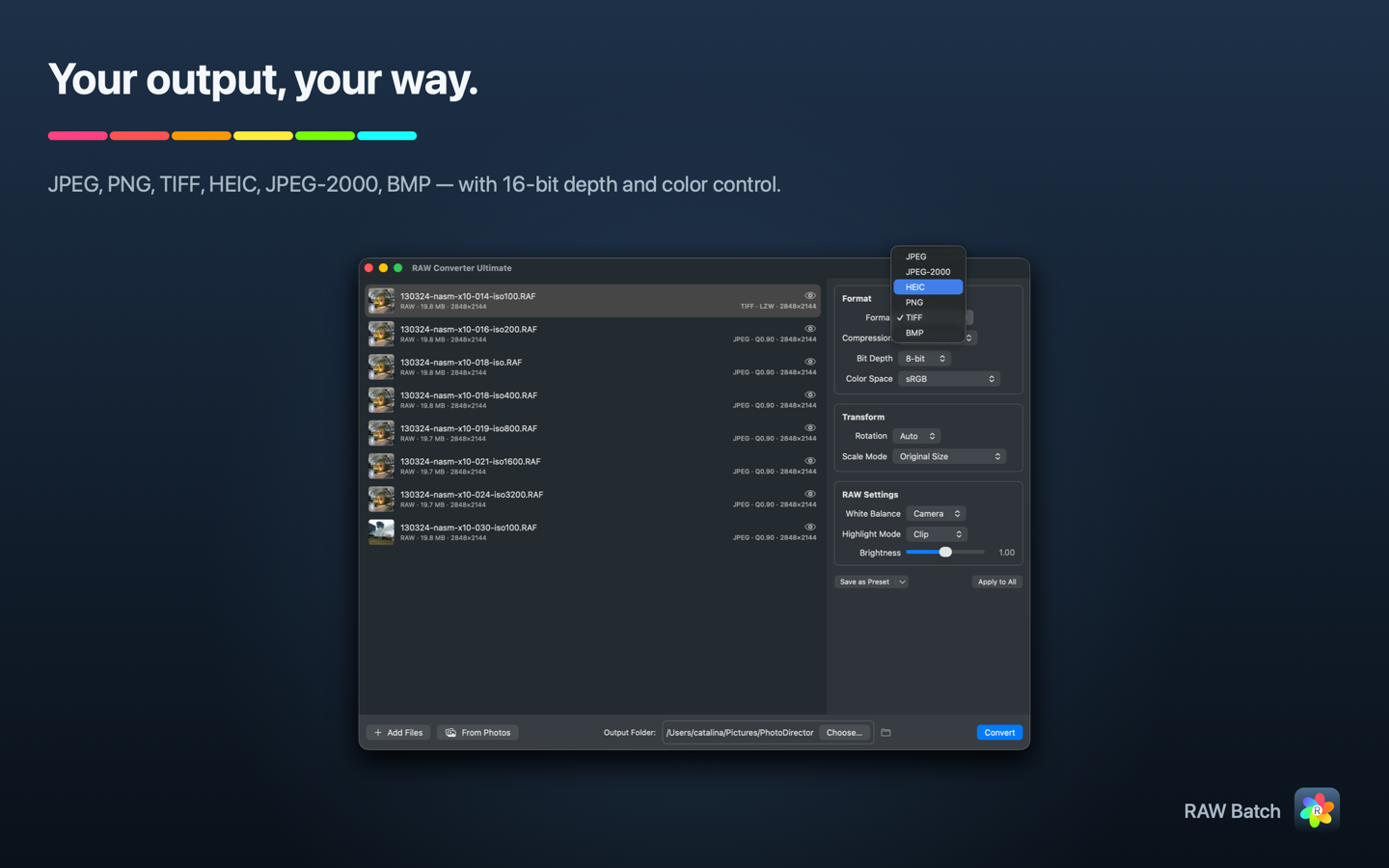 RAW Batch for macOS — choosing the output format and quality