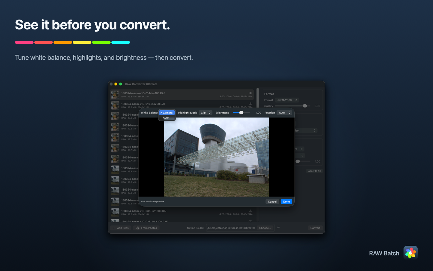 RAW Batch for macOS — live preview with RAW development controls